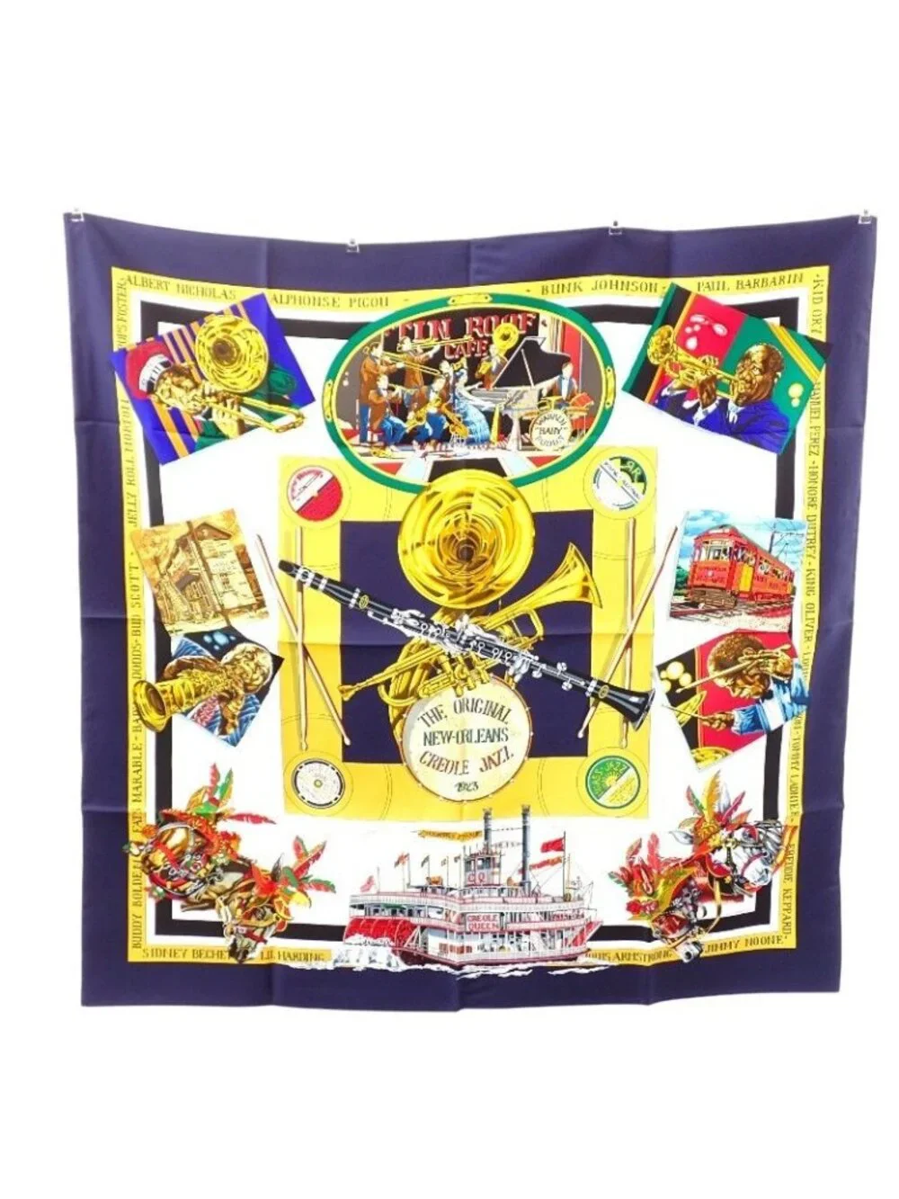 Hermes Carre 90 the Original New Orleans Creole Jazz Vintage Scarf Silk Navy